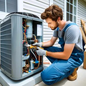 A technician in a uniform repairing an outdoor air conditioning unit. The technician is kneeling and using tools to fix the unit.
